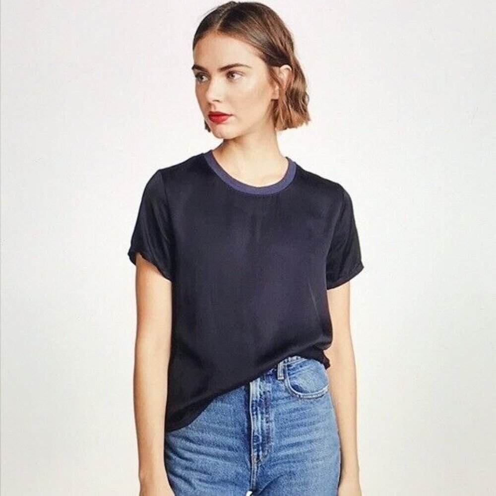 Nation‎ LTD Womens Marie Satin Boxy Crop Top Short Sleeve Crew Neck Navy Small
